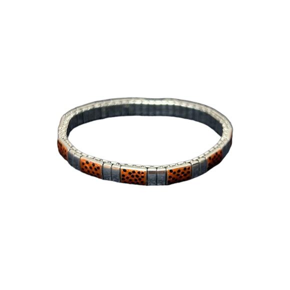 NWOT Unbranded Stainless Steel Expanding Bracelet Enamel Brown Links Black Dots - Picture 2 of 4